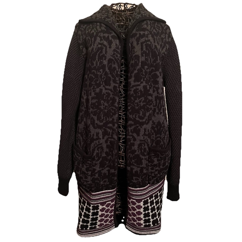 Y2K Open Front Cardigan Black Grey Purple Print Sz M Pockets Ribbed Collar Cozy